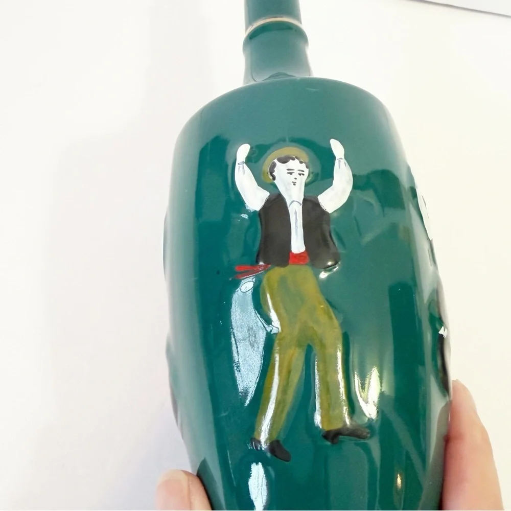 Real Vinicola Portugal Porcelain Green Embossed Wine Bottle Folk Dancers EMPTY